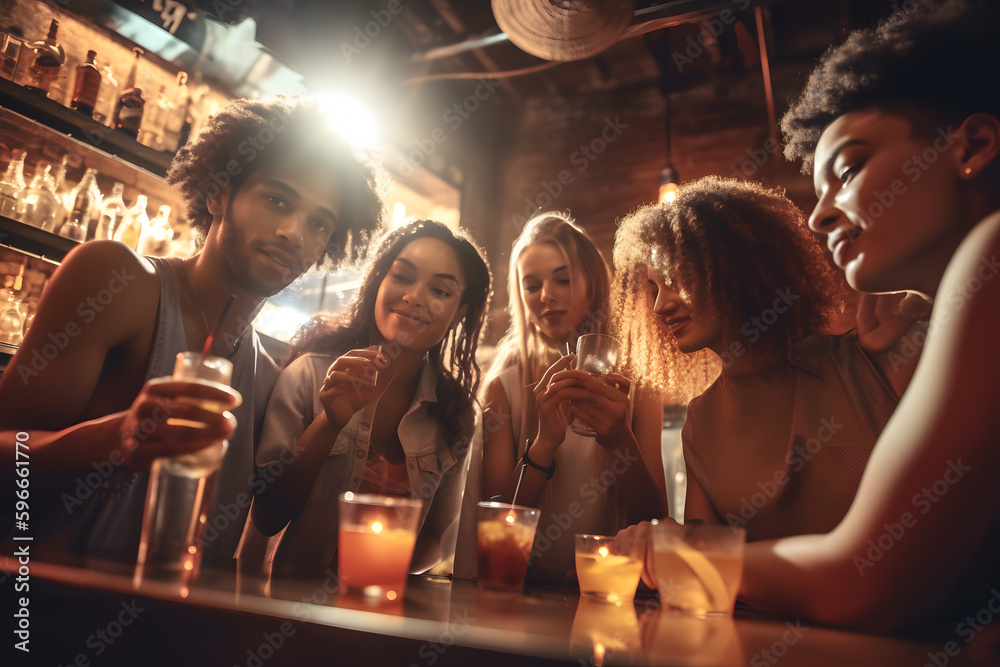 Happy friends clinking glasses at party in a nightclub Party, celebration, drink, birthday concept ai generated art