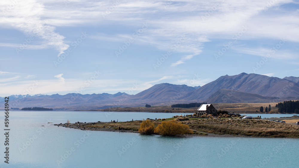  Landscape on lake and mountains. Lake Tekapo in New Zealand in autumn. Travel