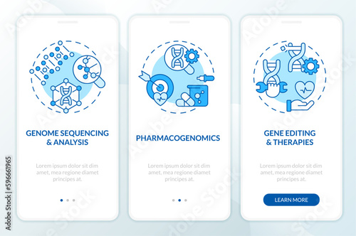 Genomic medicine blue onboarding mobile app screen. Genes study walkthrough 3 steps editable graphic instructions with linear concepts. UI, UX, GUI template. Myriad Pro-Bold, Regular fonts used
