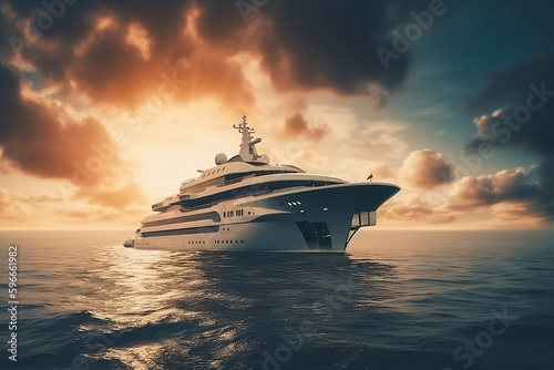 An aerial view of a large yacht at sunset, superyacht on water near coat line, A luxury yacht is floating through the water,  generative ai