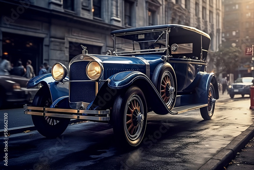 Concept art vintage luxury blue car drive on old street, generative ai