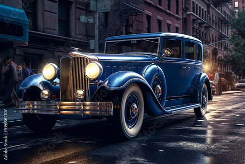 Concept art vintage luxury blue car drive on old street, generative ai
