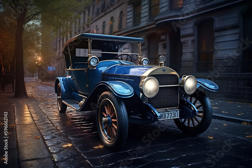 Concept art vintage luxury blue car drive on old  street, generative ai