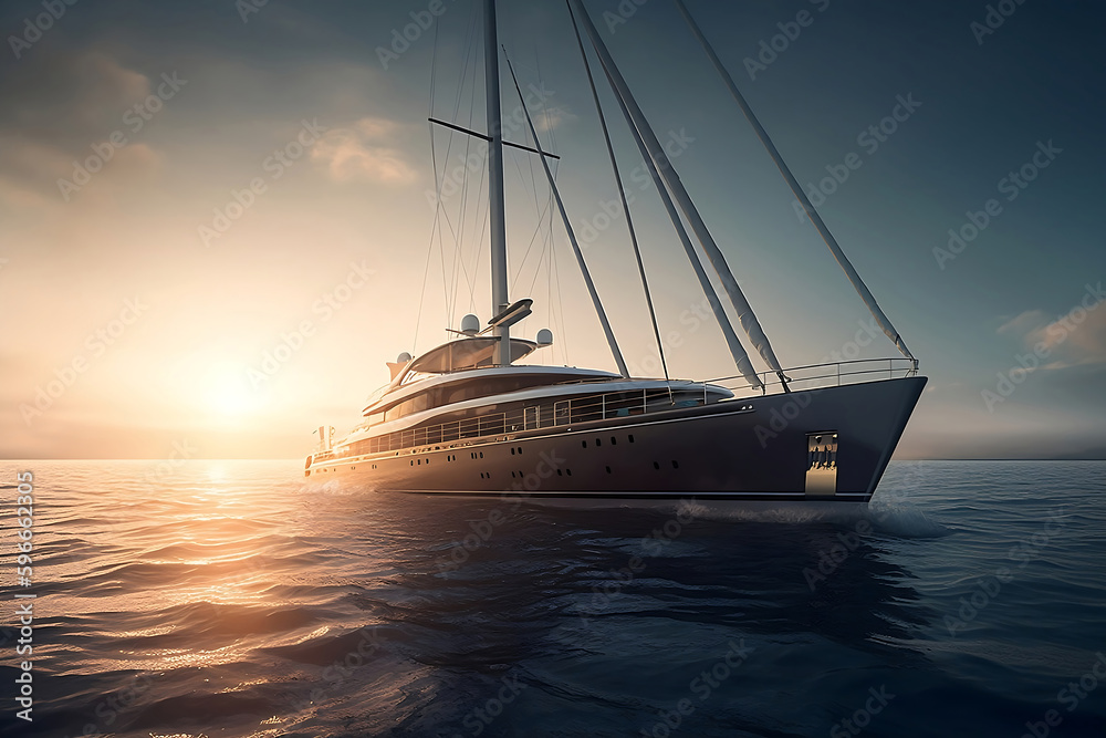 Fototapeta premium Sailing superyacht on water at sunrise, A luxury yacht is floating through the water generative ai