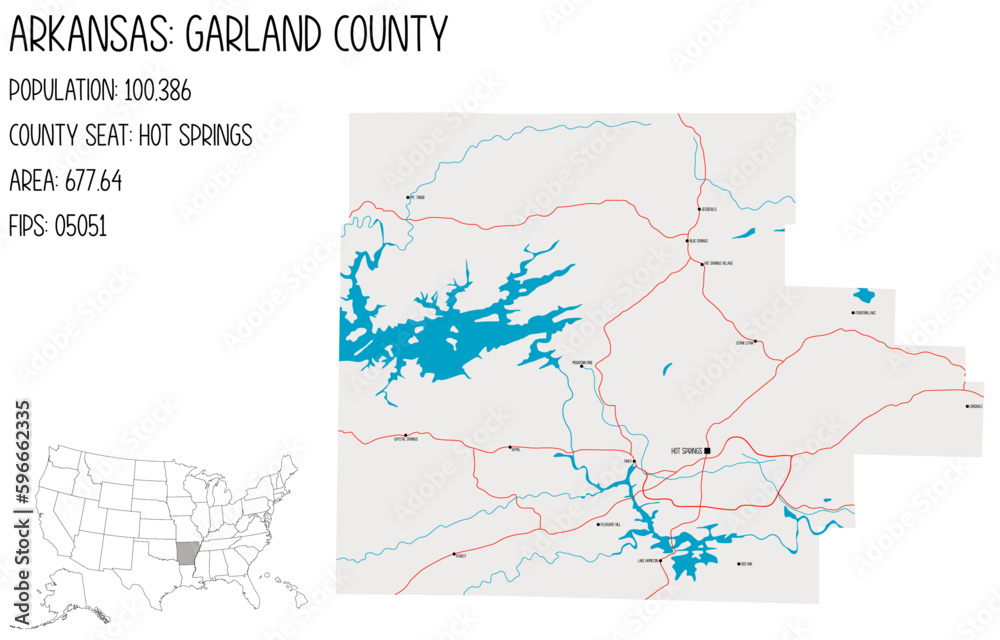 Large and detailed map of Garland County in Arkansas, USA.