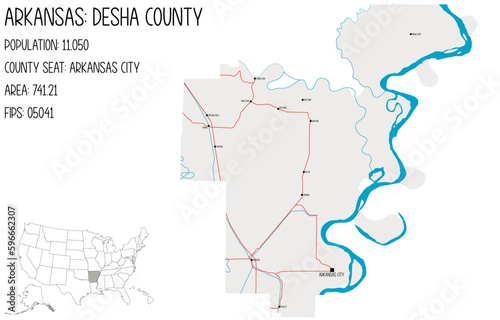 Large and detailed map of Desha County in Arkansas, USA.