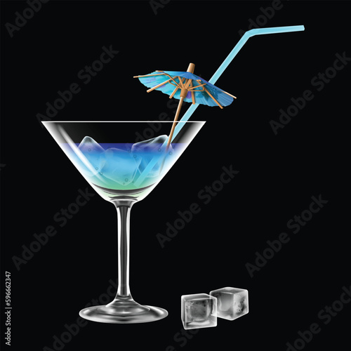 A transparent glass with a blue refreshing cocktail on a black background. Highly realistic illustration.