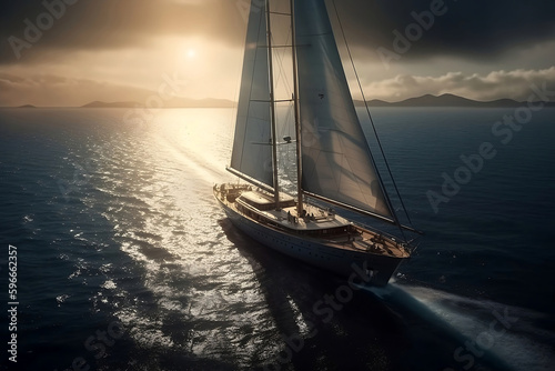 Sailing superyacht on water at sunrise, A luxury yacht is floating through the water generative ai