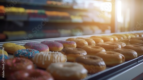 Leckerer mit Glasur überzogene Donuts in der Auslage einer Bäckerei photo