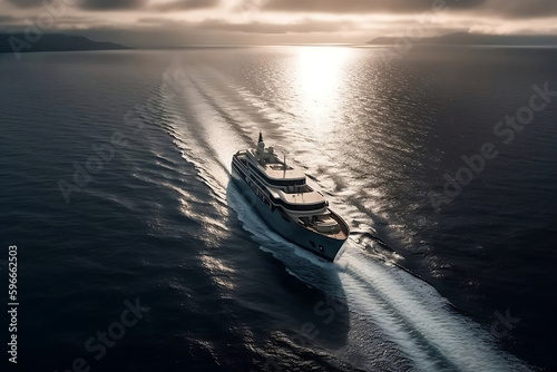 An aerial view of a large yacht from bird eyes view, superyacht on water near coat line, A luxury yacht is floating through the water, generative ai