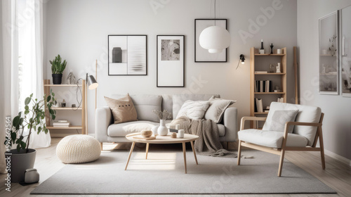 Modern scandinavian style living room, with a minimalist theme and neutral color palette. Generative AI © piai