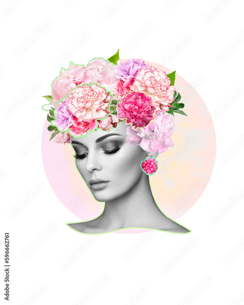 Abstract art collage of a young beautiful woman with flowers on her head. Conceptual fashion art design in a modern style