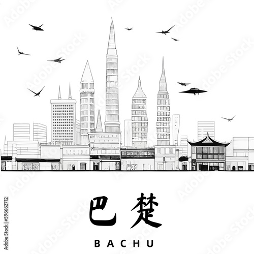 Bachu / 巴楚: Illustration einer chinesischen Stadt in Schwarzweiß