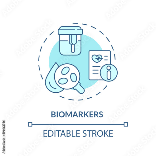 Biomarkers turquoise concept icon. Measurable indicators of disease. Patient examination. Precision medicine factor abstract idea thin line illustration. Isolated outline drawing. Editable stroke
