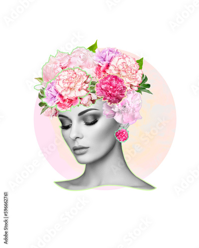 Fototapeta Naklejka Na Ścianę i Meble -  Abstract art collage of a young beautiful woman with flowers on her head. Conceptual fashion art design in a modern style