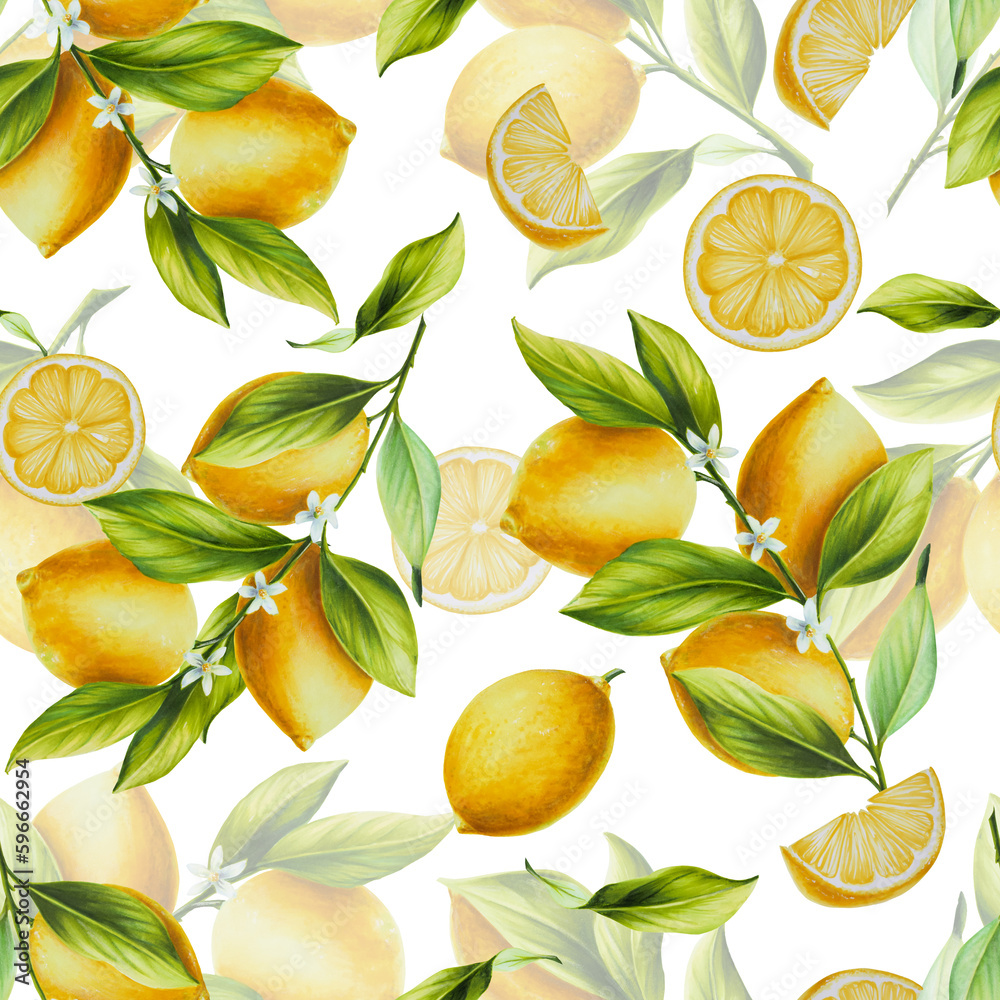 Watercolor seamless pattern with fresh ripe lemon with bright green leaves and flowers. Hand drawn cut citrus slices painting on white background. For designers, postcards, party Invitations, wrapping Watercolor seamless pattern with fresh ripe lemon with bright green leaves and flowers. Hand drawn cut citrus slices painting on white background. For designers, postcards, party Invitations, wrapping