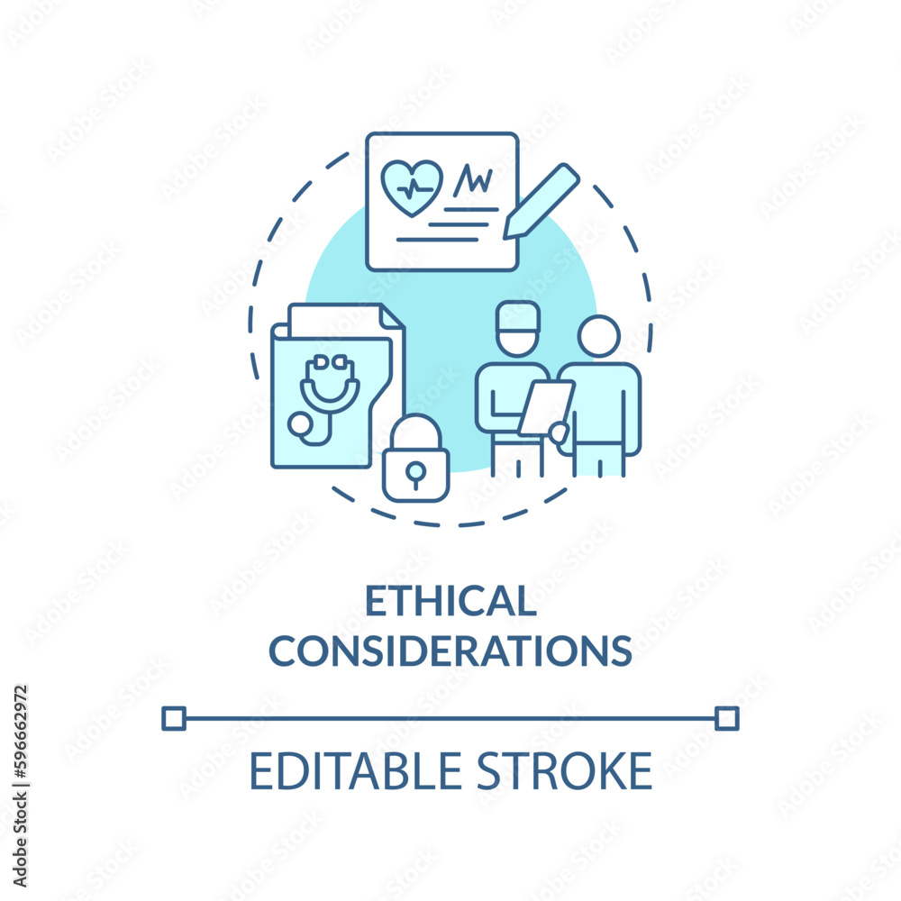 Ethical considerations turquoise concept icon. Patient records privacy protection guarantee. Precision medicine factor abstract idea thin line illustration. Isolated outline drawing. Editable stroke Ethical considerations turquoise concept icon. Patient records privacy protection guarantee. Precision medicine factor abstract idea thin line illustration. Isolated outline drawing. Editable stroke