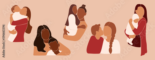 Set of mothers with children for mother's day. Mother's care. Faceless vector illustration. EPS 10	