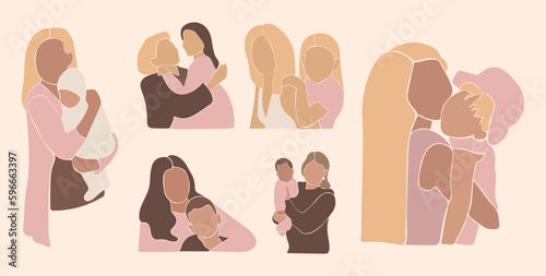 Set of mothers with children for mother's day. Mother's care. Faceless vector illustration. EPS 10	
