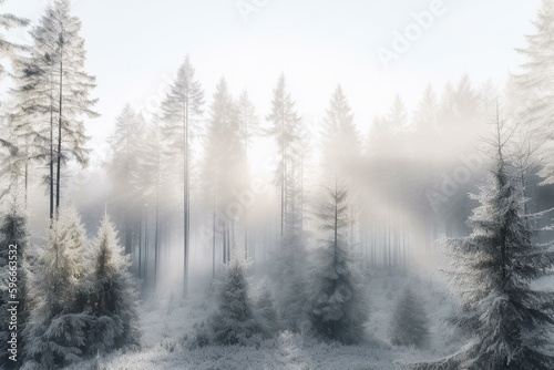 Foggy watercolor winter forest with spruces on white. Generative AI