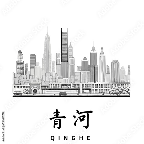 Qinghe / 青河: Illustration einer chinesischen Stadt in Schwarzweiß photo