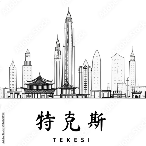 Tekesi / 特克斯: Illustration einer chinesischen Stadt in Schwarzweiß photo