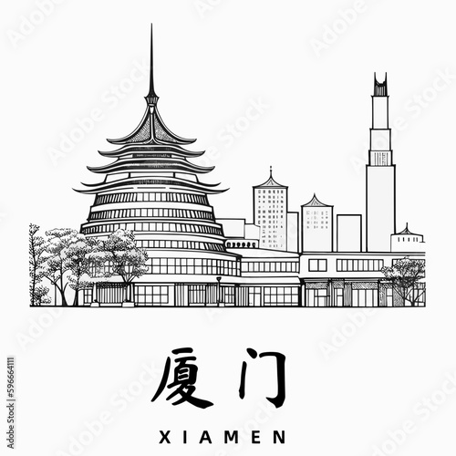 Xiamen / 厦门: Illustration einer chinesischen Stadt in Schwarzweiß