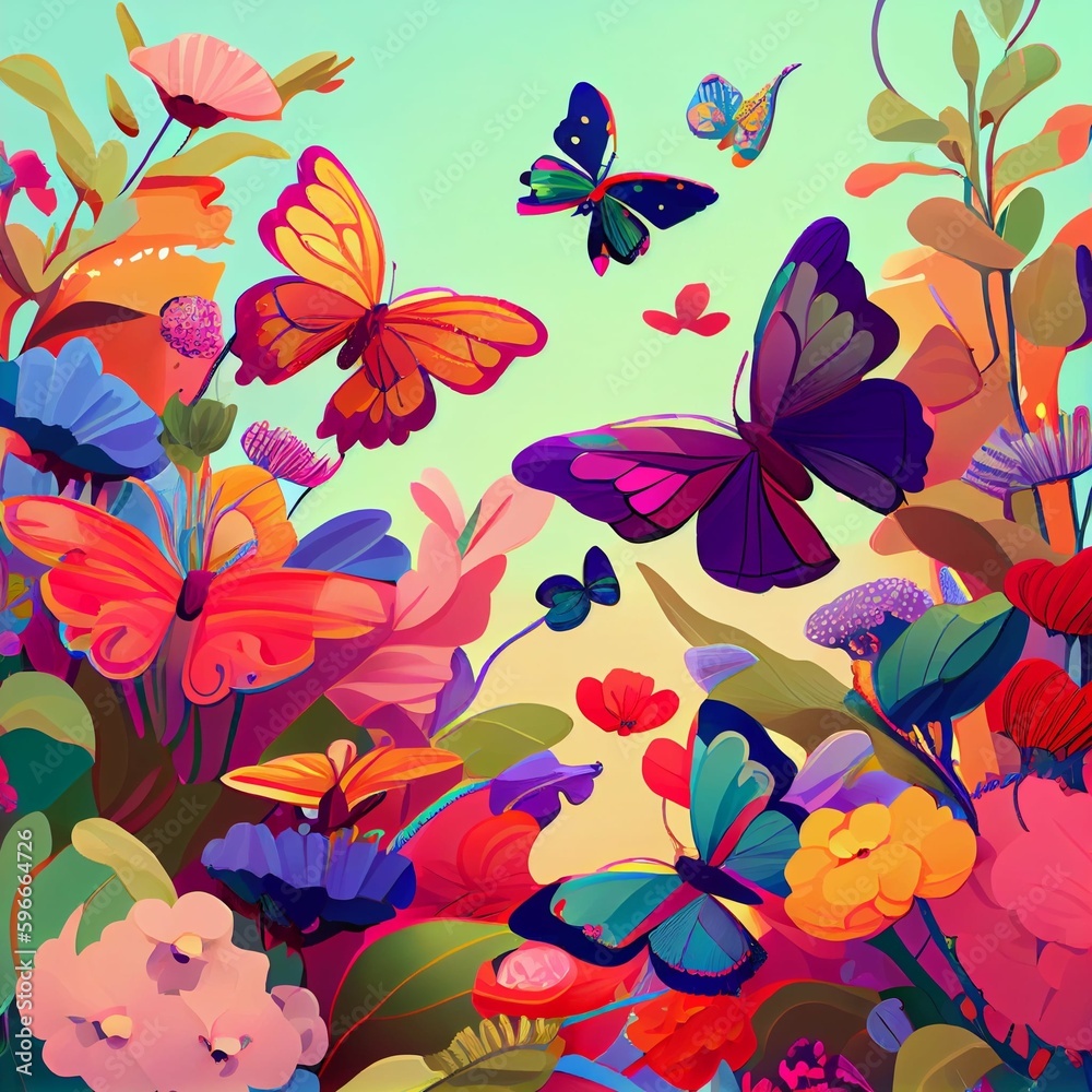 Fototapeta premium Illustration of butterflies and flowers