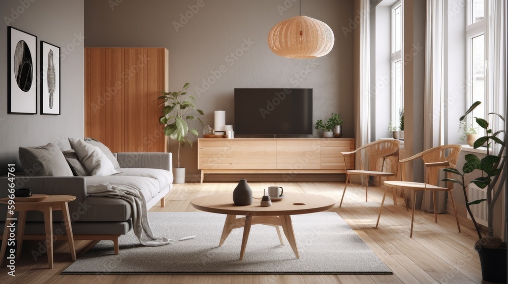 Fototapeta premium Modern scandinavian style living room, with a minimalist theme and neutral color palette. Generative AI