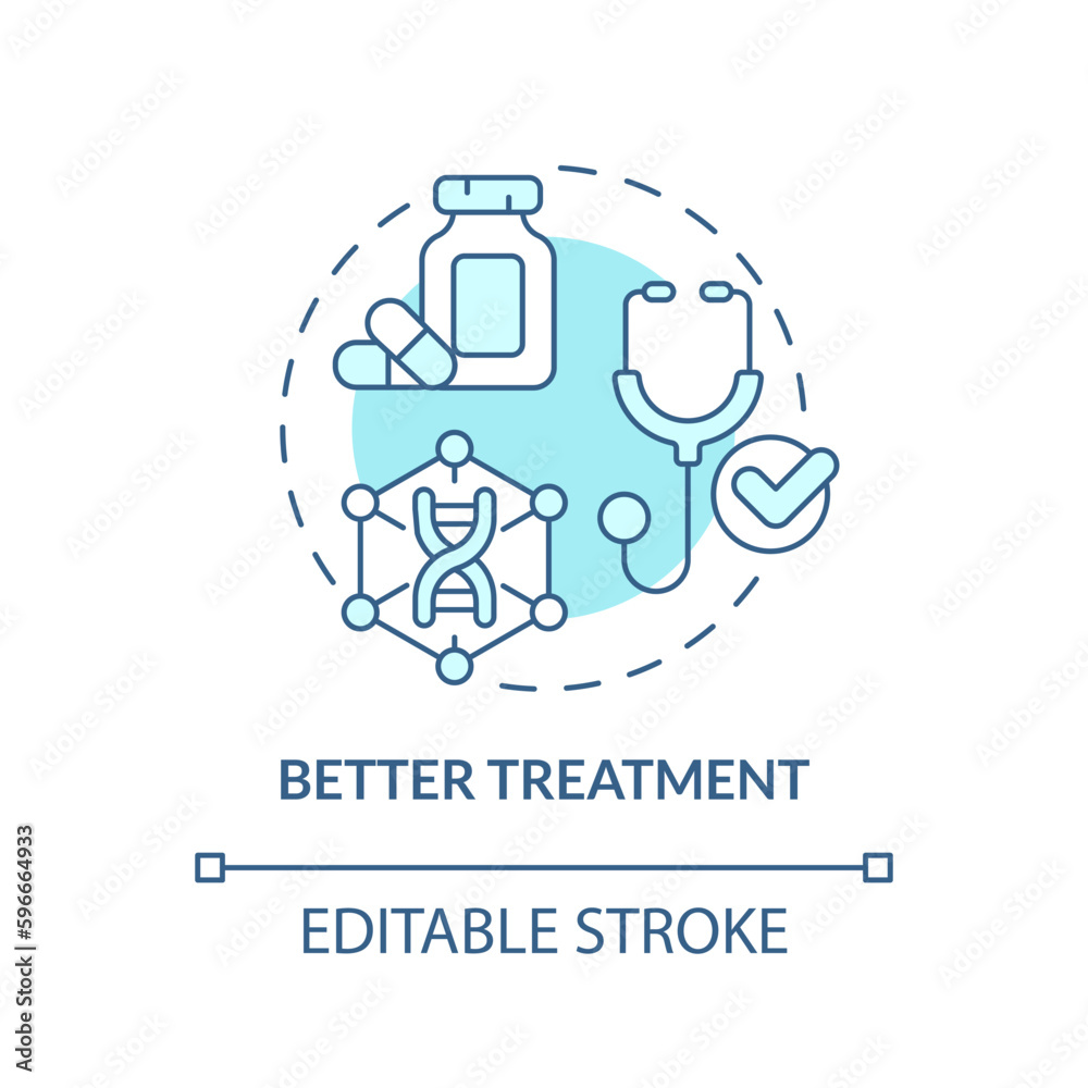 Better treatment turquoise concept icon. Delivering improved treatment for patients. Benefit of precision medicine abstract idea thin line illustration. Isolated outline drawing. Editable stroke Better treatment turquoise concept icon. Delivering improved treatment for patients. Benefit of precision medicine abstract idea thin line illustration. Isolated outline drawing. Editable stroke