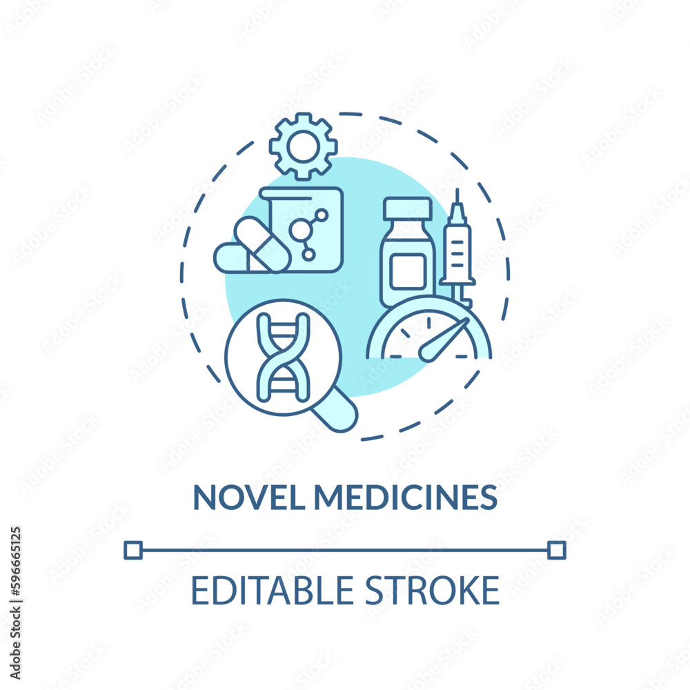 Novel medicines turquoise concept icon. Improvement of clinical trials. Genome research. Benefit of precision medicine abstract idea thin line illustration. Isolated outline drawing. Editable stroke
