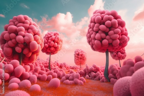 Colorful candy cotton trees in abstract pink landscape depict optimism. Generative AI