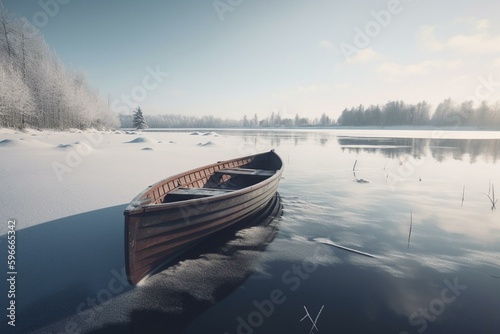 Simplistic winter scene with boat on frozen lake. Generative AI