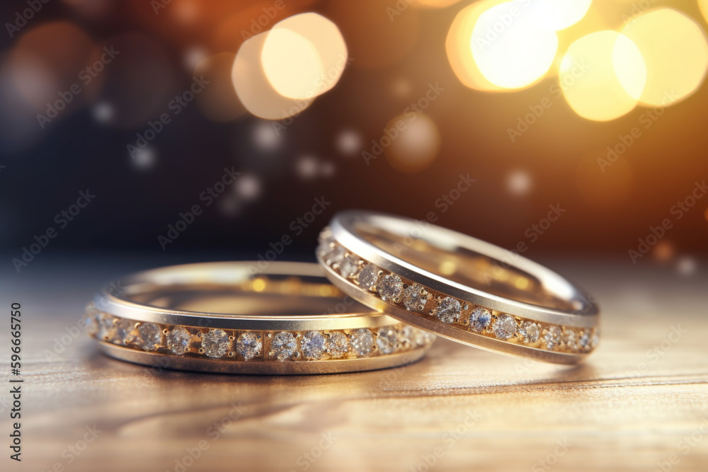 Wedding rings with silver and gold on bokeh background in the style of glitter and diamond dust. Closeup photo with copy space for text Wedding rings with silver and gold on bokeh background in the style of glitter and diamond dust. Closeup photo with copy space for text