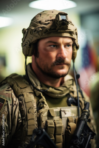A determined 35-year-old soldier, fully geared up in a training facility, displays strength and readiness for the challenges ahead. Generative AI