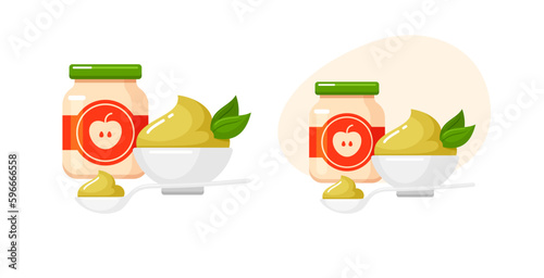 Baby food icons with apple puree in glass jar, white bowl and spoon. Vector flat cartoon illustration of healthy nutrition for infants in container with label. Kids food from organic fruits in bottle