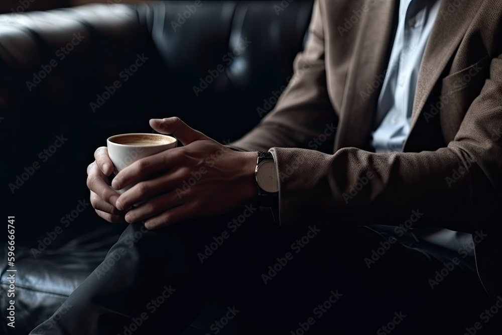 Close up. Young man in work clothes with hot coffee in a cafe