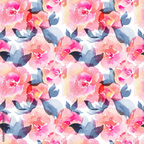 Watercolor samless pattern of rose flowers and leves. Cute decor for invitations and greetings cover and home textiles