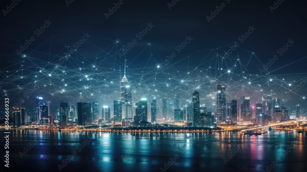 Modern city and connected technology with wireless network connection Modern city and connected technology with wireless network connection