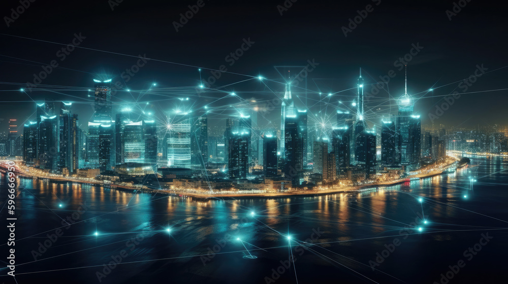 Modern city and connected technology with wireless network connection