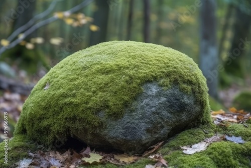 serene forest scene with a moss-covered rock as the focal point. Generative AI