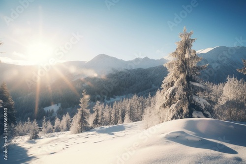 Winter scenery with mountains and snow under sunny weather. Generative AI