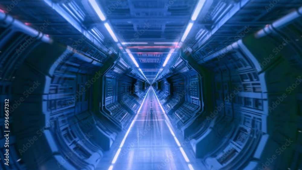 Sci-Fi tunnel animation. Sci-fi tunnel with neon light. Motion graphics 4K flying into digital technologic tunnel.