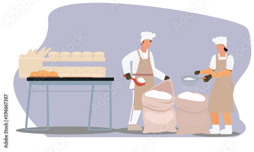 Flour purifying with colander, flour filter, strainer for separating sands, riddle in restaurant kitchen. Bread Baking Industrial Process. Workers Character in Toques, Mixing Flour, Kneading Dough.