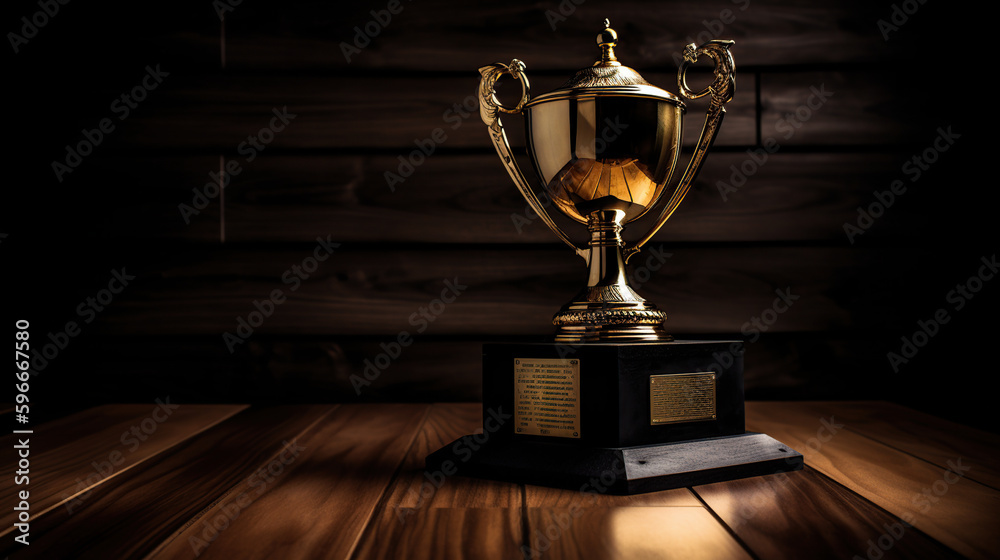 Gold trophy over wooden table and dark background, with abstract shiny lights, generative ai Gold trophy over wooden table and dark background, with abstract shiny lights, generative ai