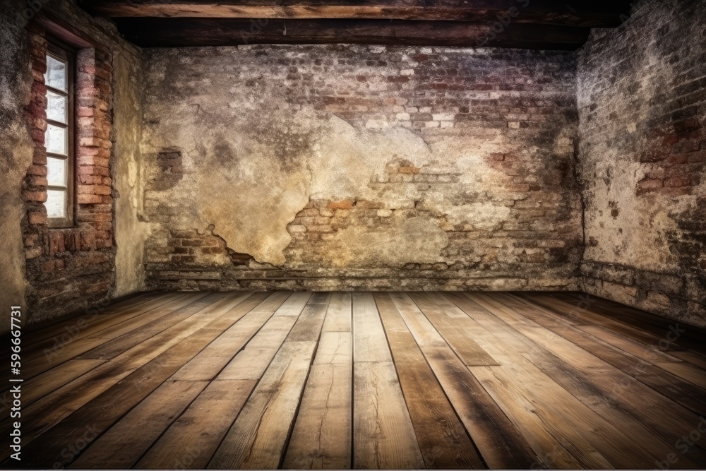 an empty room with a rustic brick wall and wooden flooring. Generative AI an empty room with a rustic brick wall and wooden flooring. Generative AI