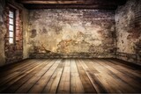 an empty room with a rustic brick wall and wooden flooring. Generative AI