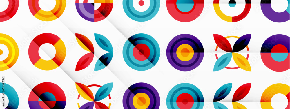 Colorful circles in a grid composition abstract background. Design for wallpaper, banner, background, landing page, wall art, invitation, prints, posters Colorful circles in a grid composition abstract background. Design for wallpaper, banner, background, landing page, wall art, invitation, prints, posters