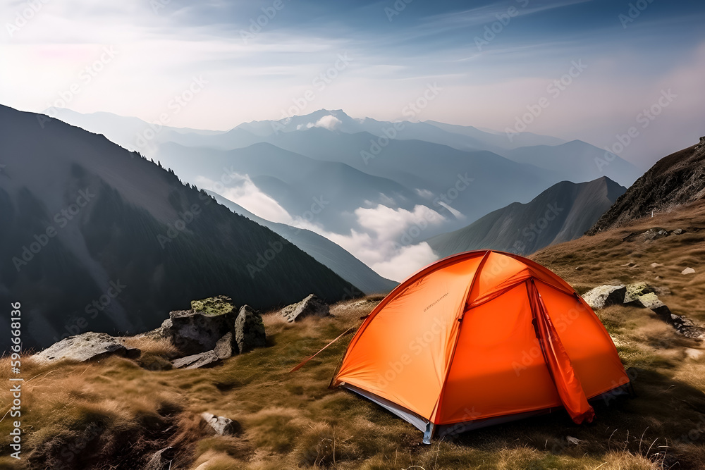 Camping in the mountains. Illustration. Ai generation. Camping in the mountains. Illustration. Ai generation.