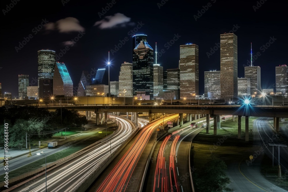 Houston's downtown skyline seen over the highways. Generative AI